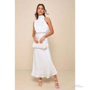 Lulus Distinctive Charm White Satin Asymmetrical Midi Dress Size Large NWT